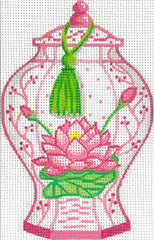 Kate Dickerson Needlepoint Collections Mini Chinese Vase Tall Pink Green & White with Lotus Flower & Green Tassel Needlepoint Canvas
