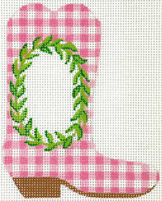 Kate Dickerson Needlepoint Collections Mini Cowboy Boot Wreath on Pink Gingham Needlepoint Canvas