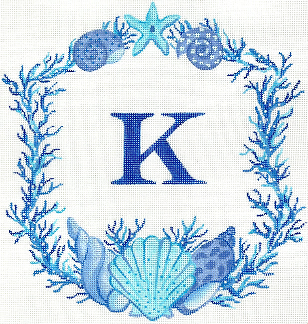 Kate Dickerson Needlepoint Collections Monogram Crest Coral & Shells in Shades Of Blue Needlepoint Canvas