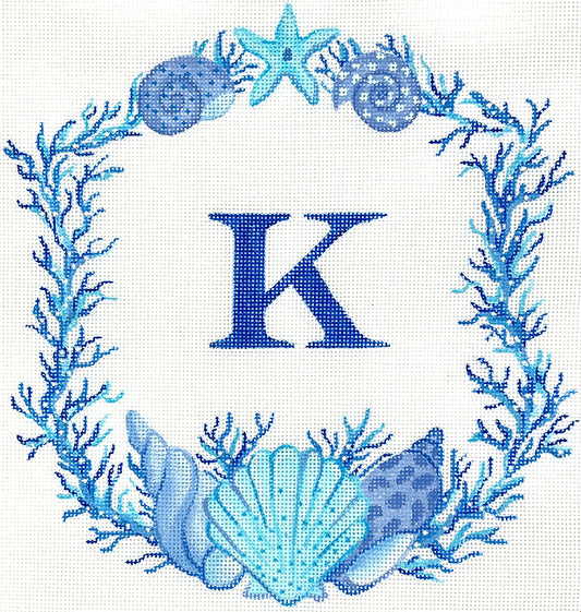 Kate Dickerson Needlepoint Collections Monogram Crest Coral & Shells in Shades Of Blue Needlepoint Canvas