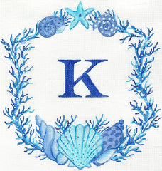 Kate Dickerson Needlepoint Collections Monogram Crest Coral & Shells in Shades Of Blue Needlepoint Canvas