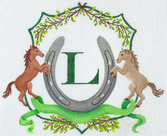 Kate Dickerson Needlepoint Collections Monogram Crest with Horses Horseshoe Ribbon & Greenery Needlepoint Canvas