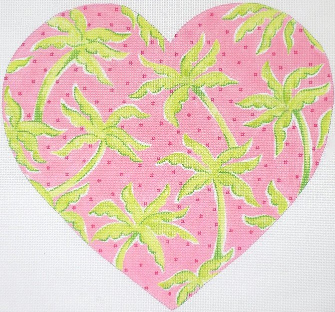 Kate Dickerson Needlepoint Collections Palm Trees Heart in Greens on Pink with Raspberry Dots Needlepoint Canvas