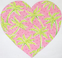 Kate Dickerson Needlepoint Collections Palm Trees Heart in Greens on Pink with Raspberry Dots Needlepoint Canvas