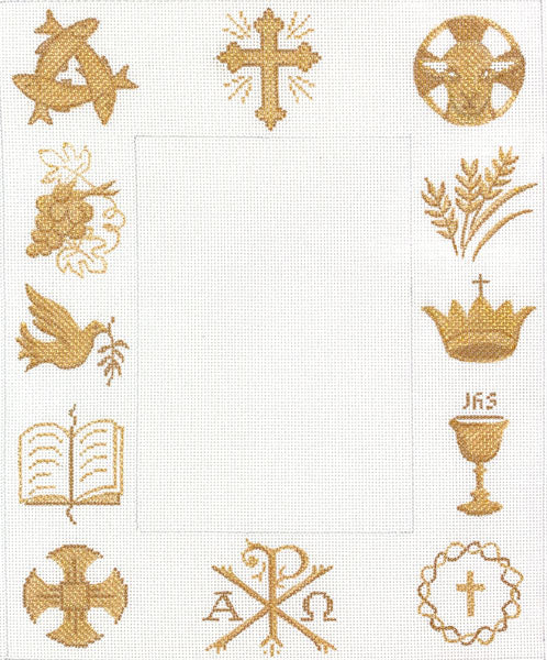 Kate Dickerson Needlepoint Collections Picture Frame Christian Symbols Golds on White Needlepoint Canvas