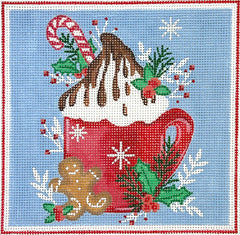 Kate Dickerson Needlepoint Collections Rose Halsey Cocoa Mug with Whipped Cream Chocolate Sauce & Candy Cane Needlepoint Canvas