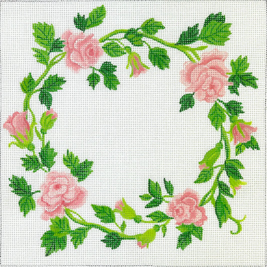 Kate Dickerson Needlepoint Collections Roses Wreath Ring Bearer Pillow in Soft Pink Needlepoint Canvas