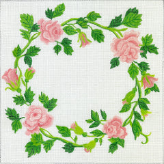 Kate Dickerson Needlepoint Collections Roses Wreath Ring Bearer Pillow in Soft Pink Needlepoint Canvas
