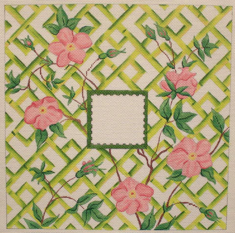 Kate Dickerson Needlepoint Collections Roses on Bamboo Trellis with Single Initial Needlepoint Canvas