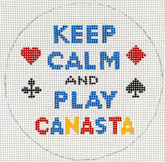 Kate Dickerson Needlepoint Collections Keep Calm & Play Canasta Round Needlepoint Canvas