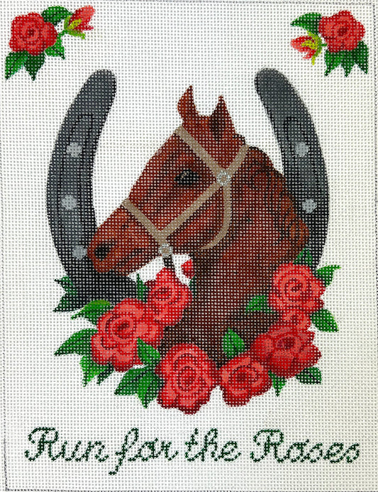 Kate Dickerson Needlepoint Collections Run For The Roses Kentucky Derby Horse with Rose Wreath Needlepoint Canvas
