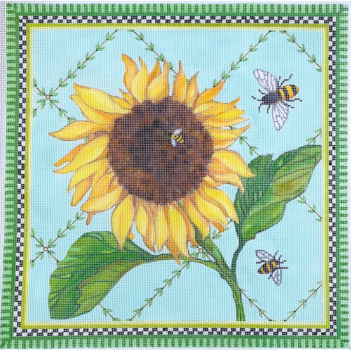 Kate Dickerson Needlepoint Collections Sally Eckman Roberts Sunflower & Bees on Vine Lattice Needlepoint Canvas