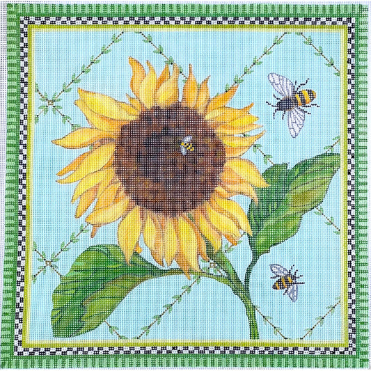 Kate Dickerson Needlepoint Collections Sally Eckman Roberts Sunflower & Bees on Vine Lattice Needlepoint Canvas