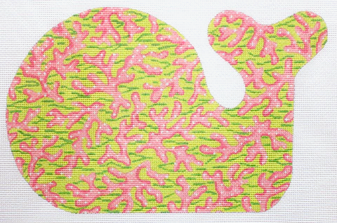 Kate Dickerson Needlepoint Collections Sea Coral Medium Whale in Pinks & Greens Needlepoint Canvas