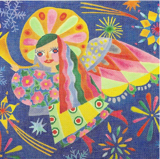 Kate Dickerson Needlepoint Collections Shannon Snow Cheerful Angel with Horn on Starry Sky Needlepoint Canvas