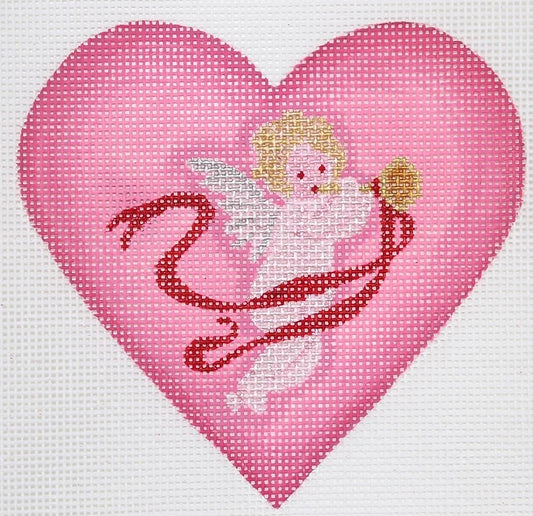 Kate Dickerson Needlepoint Collections Valentine Mini Heart Cherub with Horn & Ribbon Needlepoint Canvas