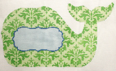 Kate Dickerson Needlepoint Collections Wallpaper Damask Medium Whale with Monogram Medallion in Greens & Blues Needlepoint Canvas