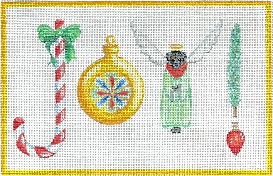 Kate Dickerson Needlepoint Collections Wendy Russell Joy with Candy Cane Bauble Ornament Black Lab Angel Pine Sprig & Lightbulb Needlepoint Canvas