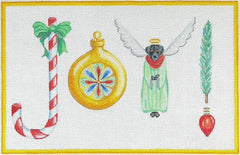 Kate Dickerson Needlepoint Collections Wendy Russell Joy with Candy Cane Bauble Ornament Black Lab Angel Pine Sprig & Lightbulb Needlepoint Canvas