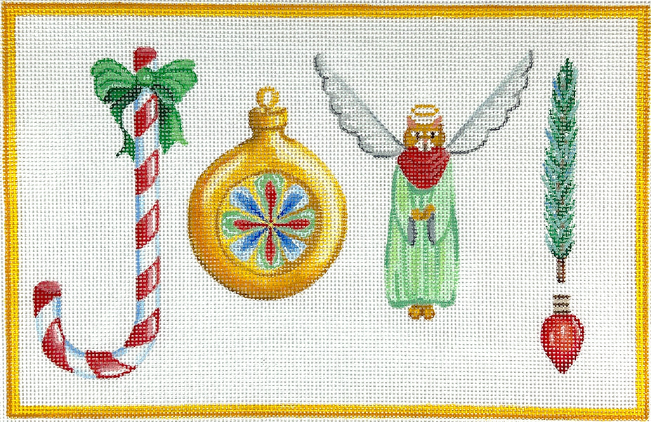 Kate Dickerson Needlepoint Collections Wendy Russell Joy with Candy Cane Bauble Ornament Kitty Angel Pine Sprig & Lightbulb Needlepoint Canvas