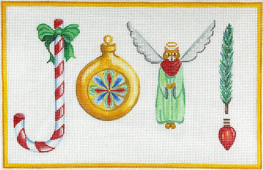 Kate Dickerson Needlepoint Collections Wendy Russell Joy with Candy Cane Bauble Ornament Kitty Angel Pine Sprig & Lightbulb Needlepoint Canvas
