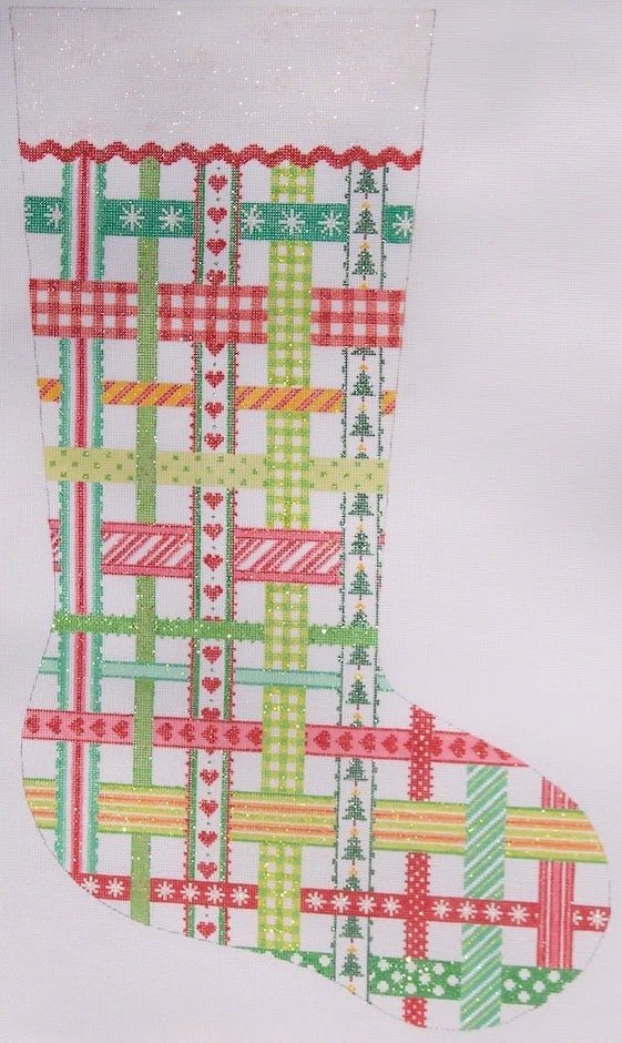 Kate Dickerson Needlepoint Collections Woven Ribbons Stocking in Classic Christmas Colors Needlepoint Canvas