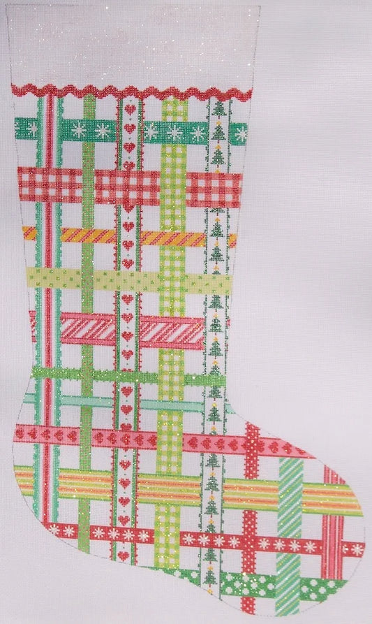 Kate Dickerson Needlepoint Collections Woven Ribbons Stocking in Classic Christmas Colors Needlepoint Canvas