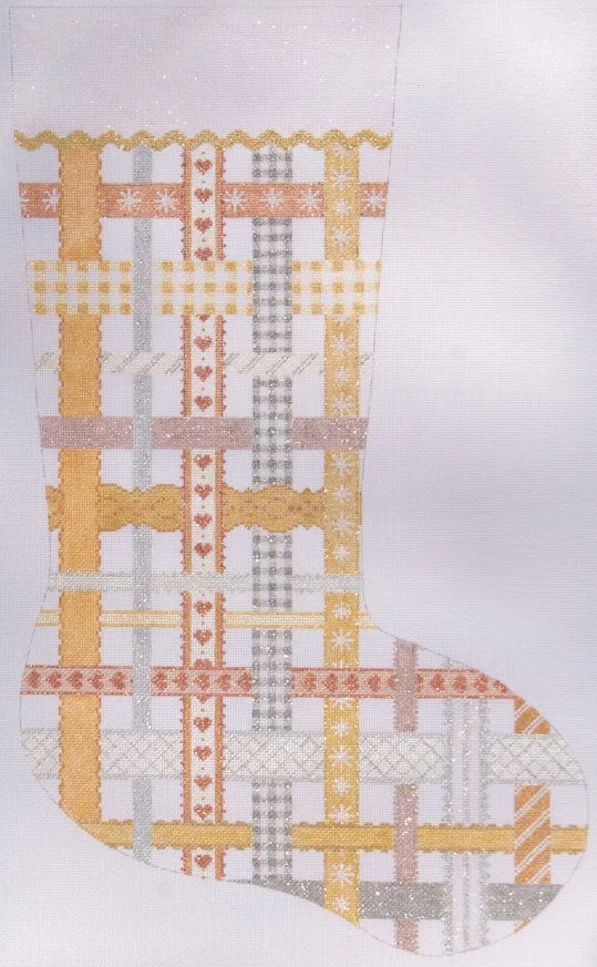 Kate Dickerson Needlepoint Collections Woven Ribbons Stocking in Golds Silvers & Coppers Needlepoint Canvas