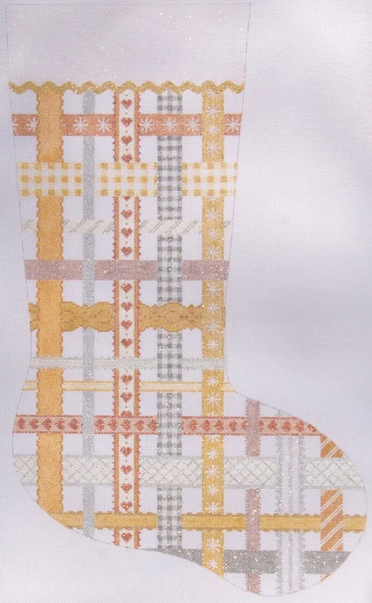 Kate Dickerson Needlepoint Collections Woven Ribbons Stocking in Golds Silvers & Coppers Needlepoint Canvas