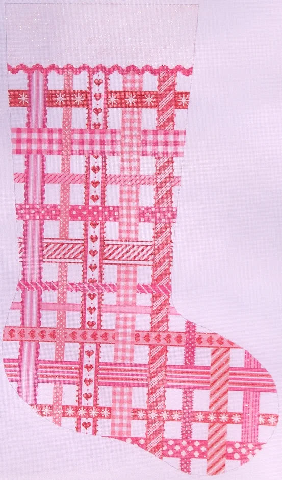 Kate Dickerson Needlepoint Collections Woven Ribbons Stocking in Peppermint Pinks & Reds Needlepoint Canvas