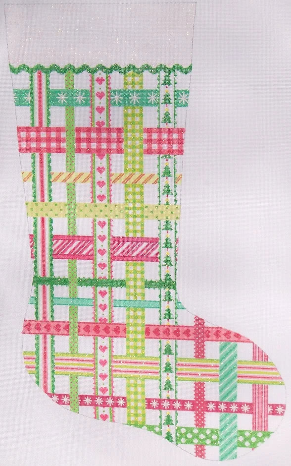 Kate Dickerson Needlepoint Collections Woven Ribbons Stocking in Pinks & Greens Needlepoint Canvas