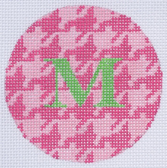 Kate Dickerson Needlepoint Collections Bright Disk Letter in Fuchsia & Light Pink and Houndstooth Needlepoint Canvas