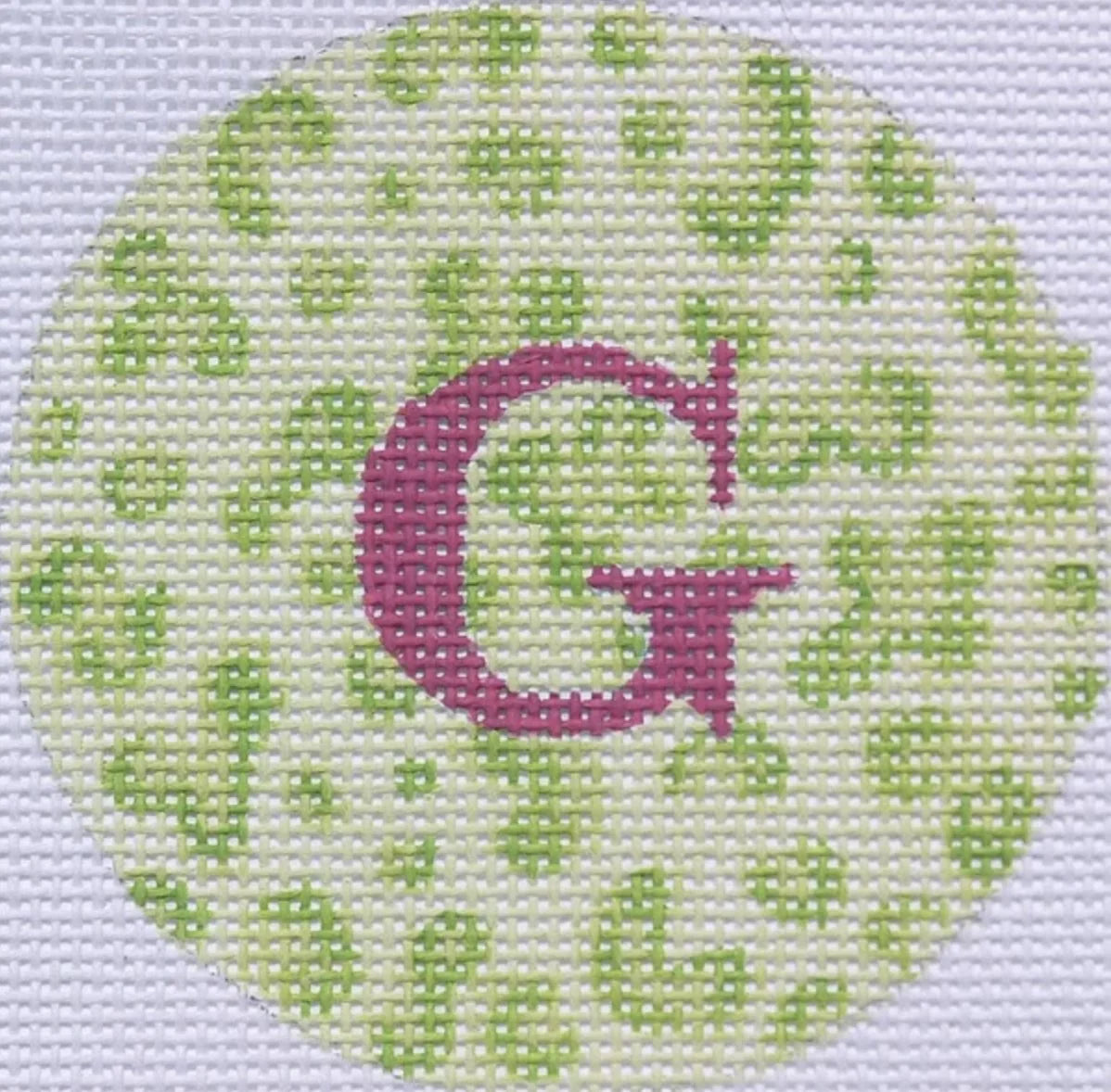 Kate Dickerson Needlepoint Collections Bright Disk Letter in Light Green Leopard Needlepoint Canvas