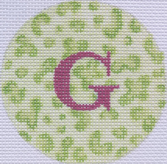 Kate Dickerson Needlepoint Collections Bright Disk Letter in Light Green Leopard Needlepoint Canvas