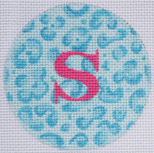 Kate Dickerson Needlepoint Collections Bright Disk Letter in Light & Medium Blue Leopard Needlepoint Canvas
