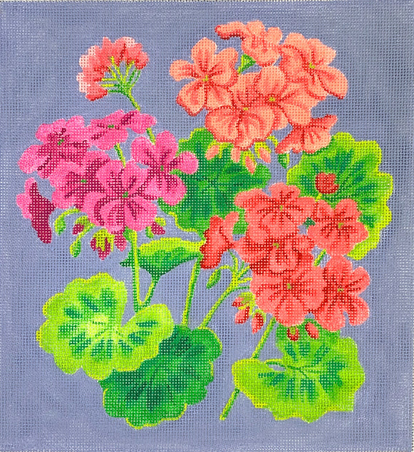 Kate Dickerson Needlepoint Collections Bright Geraniums on Periwinkle Blue Needlepoint Canvas