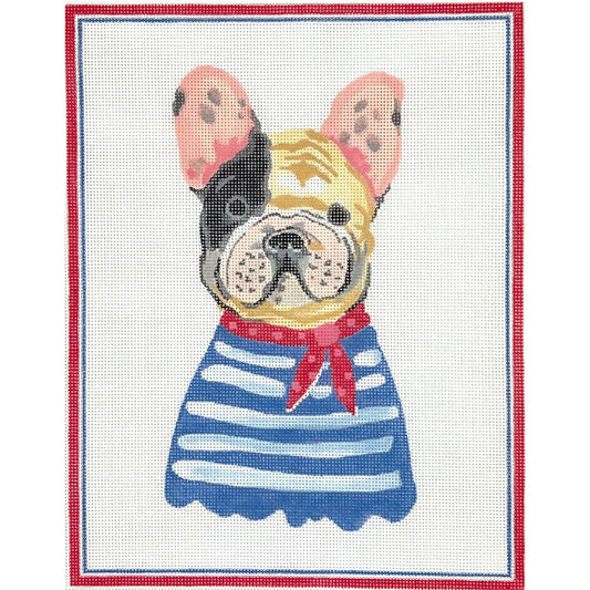 Kate Dickerson Needlepoint Collections Carolyn Gavin French Bulldog in Blue Striped Shirt Needlepoint Canvas