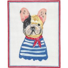 Kate Dickerson Needlepoint Collections Carolyn Gavin French Bulldog in Blue Striped Shirt Needlepoint Canvas