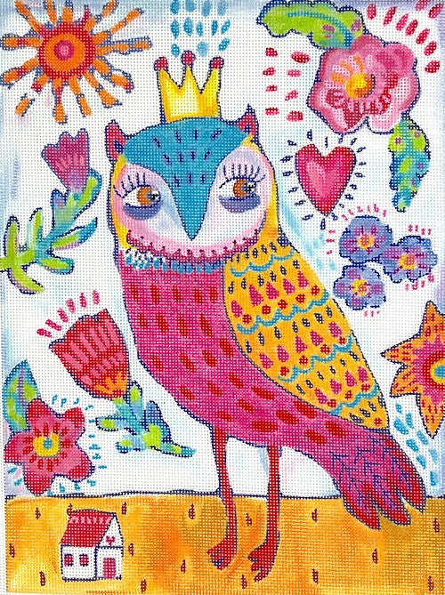 Kate Dickerson Needlepoint Collections Julia Eves Spunky Owl with Crown & Flowers Needlepoint Canvas