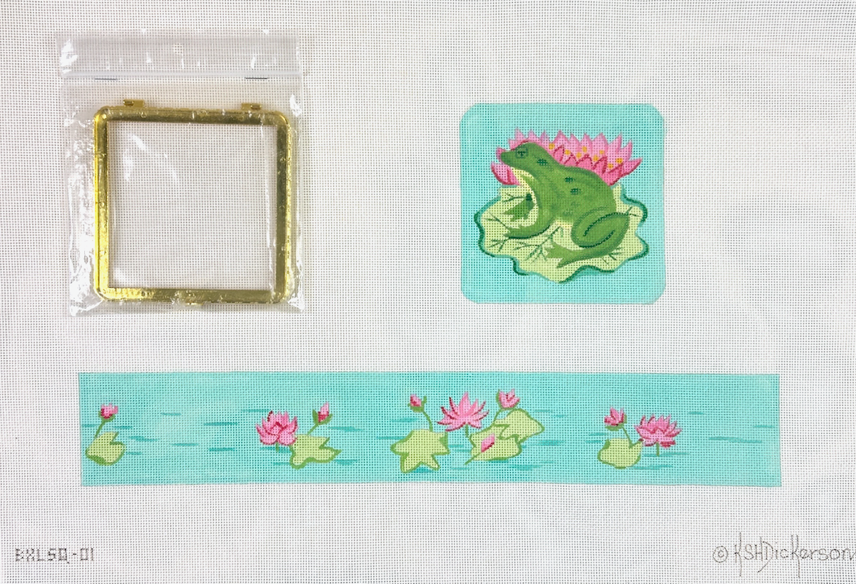 Kate Dickerson Needlepoint Collections Limoges Box Large Square Frog with Lily Pads Gold Clasp Needlepoint Canvas