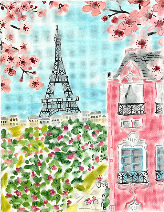 Kate Dickerson Needlepoint Collections Lindsay Brackeen Paris Eiffel Tower with Cherry Blossoms Needlepoint Canvas