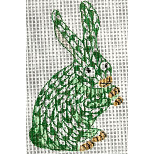 Kate Dickerson Needlepoint Collections Mini Herend Style Bunny - Emerald with Gold Needlepoint Canvas