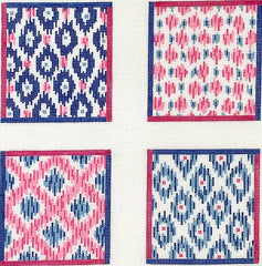 Kate Dickerson Needlepoint Collections Mixed Ikat Coasters Set Needlepoint Canvas - Pink and Blue