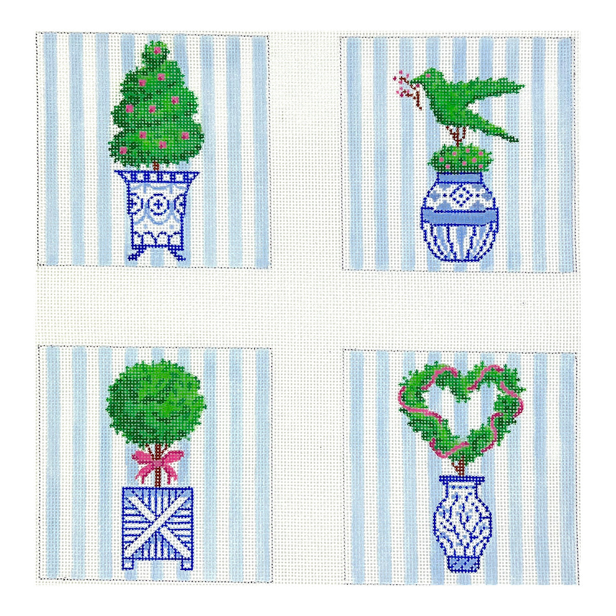 Kate Dickerson Needlepoint Collections Topiaries in Blue & White Pots Coasters Needlepoint Canvas