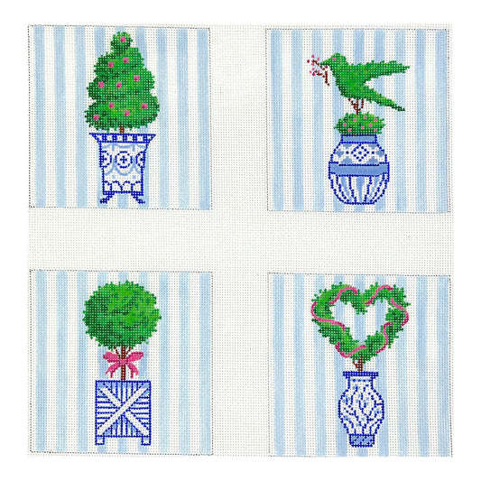 Kate Dickerson Needlepoint Collections Topiaries in Blue & White Pots Coasters Needlepoint Canvas