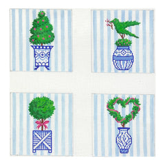 Kate Dickerson Needlepoint Collections Topiaries in Blue & White Pots Coasters Needlepoint Canvas
