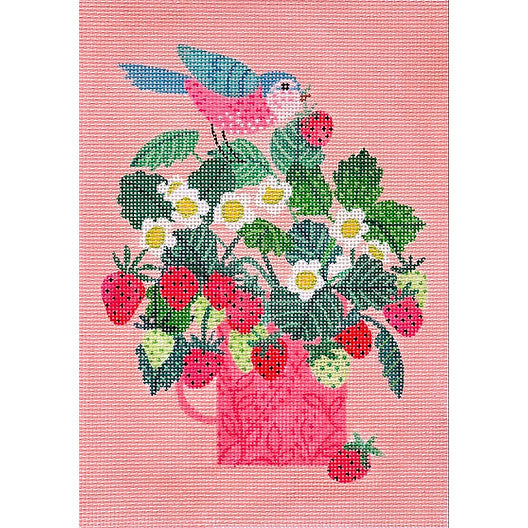 Kate Dickerson Needlepoint Collections Rebecca Jones Strawberry Plant in Pink Mug with Bird Needlepoint Canvas