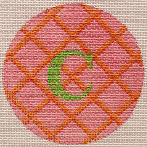 Kate Dickerson Needlepoint Collections Bright Disk Letter Pink with Orange and Red Crisscross Grass Green Letter Specify Letter Or Blank Needlepoint Canvas