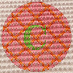 Kate Dickerson Needlepoint Collections Bright Disk Letter Pink with Orange and Red Crisscross Grass Green Letter Specify Letter Or Blank Needlepoint Canvas