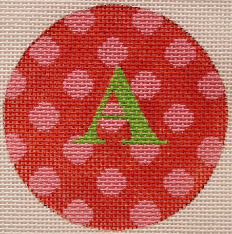 Kate Dickerson Needlepoint Collections Bright Disk Letter Red with Pink Polka Dots Grass Green Letter Specify Letter Or Blank Needlepoint Canvas